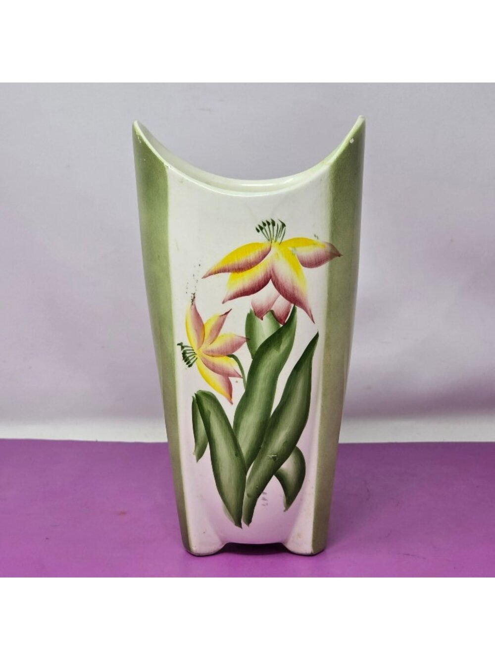 Vintage Enesco Japan Ceramic Vase Green Hand Painted Floral Mid Century